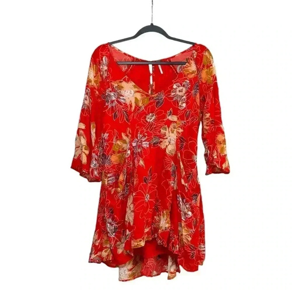 Free People All Eyes on You Mini Swing Dress Floral Red Size 2 - Picture 2 of 9